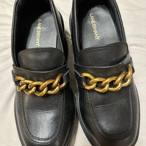 Lane Bryant Black Loafers with Bold Gold Chain